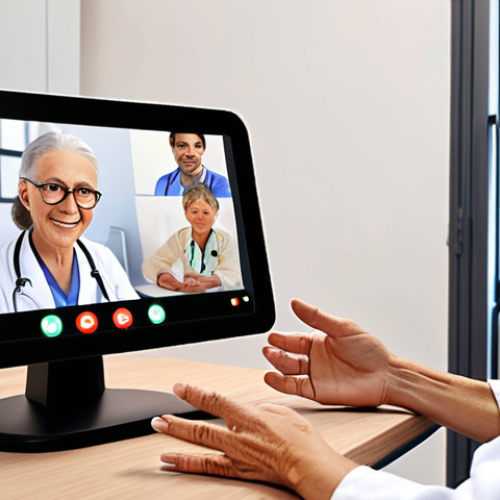 Home 11 **Empathetic Telemedicine Consultation:** A warm and friendly doctor is actively listening to a senior patient during a virtual consultation. The doctor is making eye contact via the screen, smiling gently, and using comforting hand gestures. The background should be a cozy, inviting office space. Focus on conveying trust and personalized care in a digital setting.