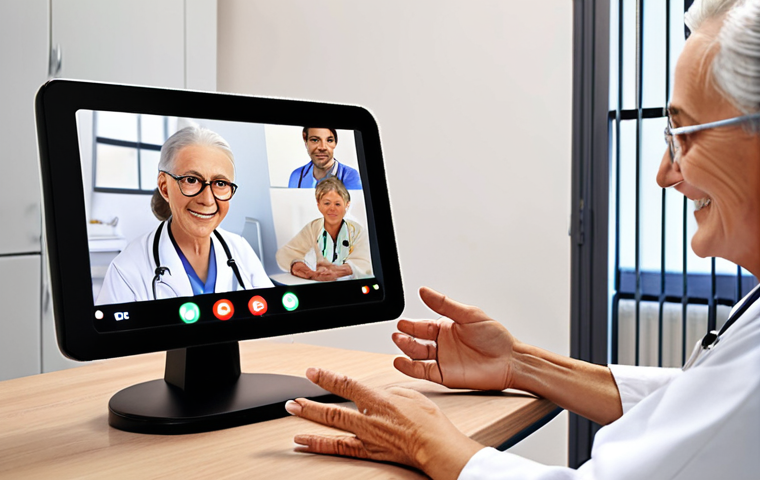 **Empathetic Telemedicine Consultation:** A warm and friendly doctor is actively listening to a senior patient during a virtual consultation. The doctor is making eye contact via the screen, smiling gently, and using comforting hand gestures. The background should be a cozy, inviting office space. Focus on conveying trust and personalized care in a digital setting.