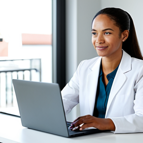 Home 6 A professional patient in a modest business casual outfit, comfortably seated at a modern desk in a bright, clean home office. The person is engaged in a video consultation on a laptop, displaying a thoughtful and clear expression. The background features a blurred, tasteful contemporary living space. Soft, diffused lighting highlights the scene. This image emphasizes the ease and privacy of remote healthcare access. Fully clothed, appropriate attire, safe for work, appropriate content, professional, perfect anatomy, correct proportions, natural pose, well-formed hands, proper finger count, natural body proportions.