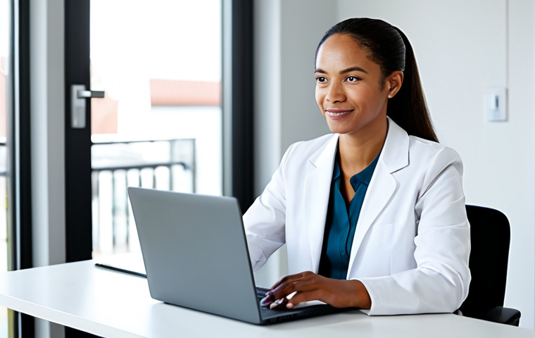A professional patient in a modest business casual outfit, comfortably seated at a modern desk in a bright, clean home office. The person is engaged in a video consultation on a laptop, displaying a thoughtful and clear expression. The background features a blurred, tasteful contemporary living space. Soft, diffused lighting highlights the scene. This image emphasizes the ease and privacy of remote healthcare access. Fully clothed, appropriate attire, safe for work, appropriate content, professional, perfect anatomy, correct proportions, natural pose, well-formed hands, proper finger count, natural body proportions.
