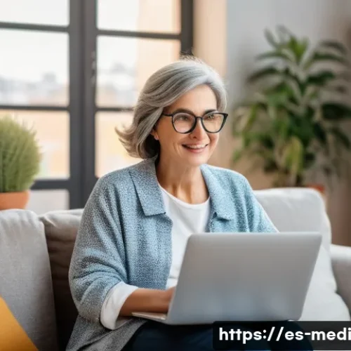 원격의료 서비스의 비용 효율성 - A modern telemedicine consultation scene set in a bright, cozy living room in Spain, featuring a mid...