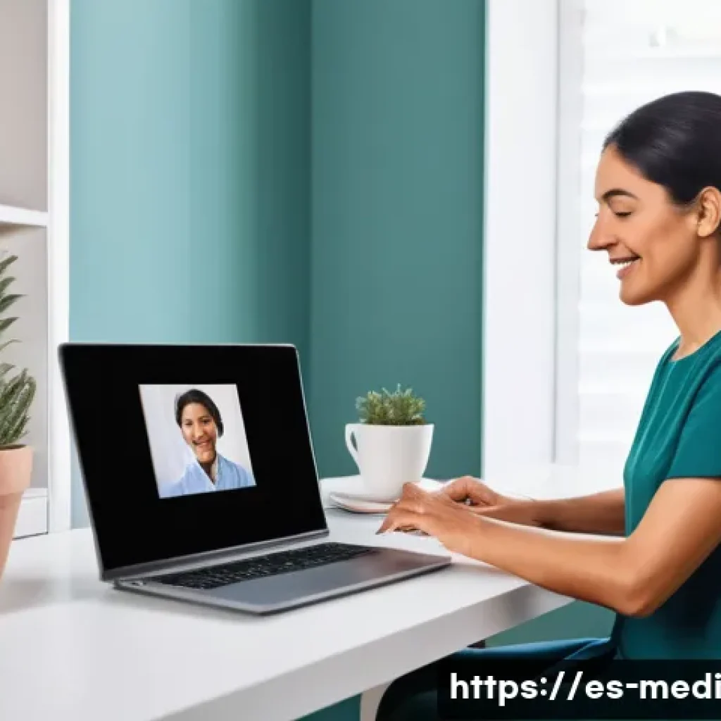 원격의료 서비스의 효과적인 비즈니스 모델 - A modern telemedicine consultation scene set in a bright, clean home office in Spain, featuring a mi...