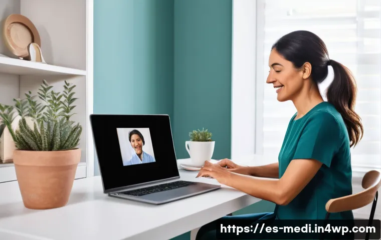 원격의료 서비스의 효과적인 비즈니스 모델 - A modern telemedicine consultation scene set in a bright, clean home office in Spain, featuring a mi...