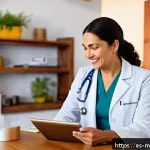 원격의료 서비스의 효과적인 캠페인 기획 - A warm and inviting telemedicine consultation scene set in a cozy Latin American home, featuring a m...