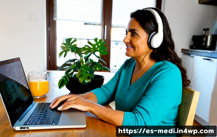 Home 17 원격의료 서비스의 멘탈 헬스 접근 - Photorealistic telehealth mental wellness consultation in a sunlit apartment in Madrid, middle-aged ...